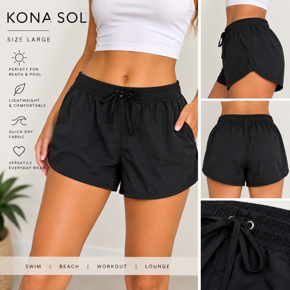 Kona Sol Womens Black Swim Shorts Quick Dry Board Shorts Pockets Large